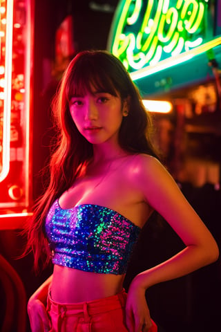 A sultry beauty with luscious brown hair and straight bangs stands out against a kaleidoscope of vibrant neon lights. She wears the Kakaco Sequins Tube Top, its sequins catching the soft glow of the blue and red lights surrounding her. The blurred neon signs in the background create a dynamic urban setting. Her dreamy expression is illuminated by the subtle neon light, which adds a touch of mystery to her calm demeanor. The shallow depth of field focuses on her radiant face, while the reflections of the neon lights add layers of depth and visual interest. This stunning image blends urban energy with serene beauty, making it a perfect magazine cover.