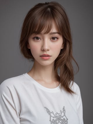 beautiful korean mix french girl, 30 years old. Average body, bright honey eyes with sharp size, full lips, long eyelashes. Black, ponytail, soul and spiritual mentor. T-Shirts,cinematic,photorealistic,masterpiece,1 girl ,best quality, sharp_nose, half_body,enchant3d, tombboy hair