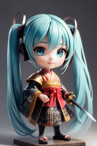 ((1 female)), Hatsune Miku, petite girl, full body, chibi, 3D figure little girl, green hair, twintails, beautiful girl with attention to detail, beautiful delicate eyes, detailed face, beautiful eyes, Japanese Warring States Period Samurai, Wearing Traditional Samurai Armor, Holding a Sword Poised, detail, dynamic beautiful pose, dynamic pose, gothic architecture, natural light, ((real)) Quality: 1.2 )), Dynamic Distance Shot, Cinematic Lighting, Perfect Composition, Super Detail, Official Art, Masterpiece, (Best) Quality: 1.3), Reflections, High Resolution CG Unity 8K Wallpaper , Detailed Background, Masterpiece, ( Photorealistic): 1.2), random angle, side angle, chibi, whole body, mikdef,