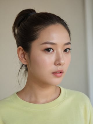 beautiful korean mix french girl, 30 years old. Average body, bright honey eyes with sharp size, full lips, long eyelashes. Black, ponytail, soul and spiritual mentor. T-Shirts,cinematic,photorealistic,masterpiece,1 girl ,best quality, sharp_nose