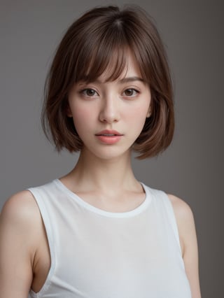 beautiful korean mix french girl, 30 years old. Average body, bright honey eyes with sharp size, full lips, long eyelashes. Black, ponytail, soul and spiritual mentor. T-Shirts,cinematic,photorealistic,masterpiece,1 girl ,best quality, sharp_nose, half_body,enchant3d, short hair