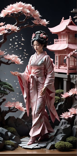 Origami geisha, diorama, Rococo-inspired, layered paper art, ethereal zen garden setting, blush pinks, Steve McCurry-like photographic sterling style influence, captured with 35mm lens, F/2.8 aperture, conveying character, sophistication, abundant detail, hyperrealism, dramatic lighting, ultra fine detail.