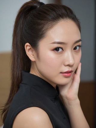 pretty chinese mix korean girl, 30 years old. Average body, bright honey eyes with sharp size, full lips, long eyelashes. Black, ponytail, soul and spiritual mentor. T-Shirts,cinematic,photorealistic,masterpiece,1 girl ,best quality