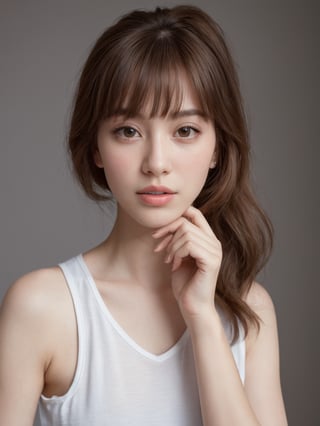 beautiful korean mix french girl, 30 years old. Average body, bright honey eyes with sharp size, full lips, long eyelashes. Black, ponytail, soul and spiritual mentor. T-Shirts,cinematic,photorealistic,masterpiece,1 girl ,best quality, sharp_nose, half_body,enchant3d, pose