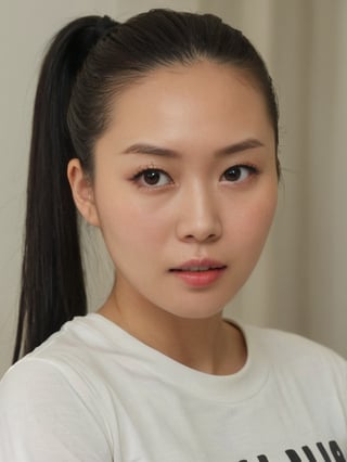 beautiful chinese girl, 30 years old. Average body, bright honey eyes with sharp size, full lips, long eyelashes. Black, ponytail, soul and spiritual mentor. T-Shirts,cinematic,photorealistic,masterpiece,1 girl ,best quality