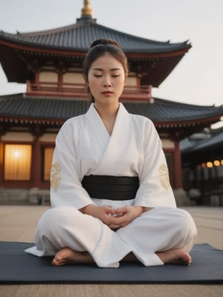 Sensoji Temple, pretty sunset, Soft golden light of the sunset casts a warm glow on her tranquil face, white doves flutter peacefully amidst the evening sky's, pretty korean mix french girl black robes sits cross-legged on a tatami mat, eyes closed in meditation, 25 years old. Average body, bright honey eyes with sharp size, full lips, long eyelashes. Black, ponytail, soul and spiritual mentor, extra photorealisctic, extra detailed, HD.,photorealistic