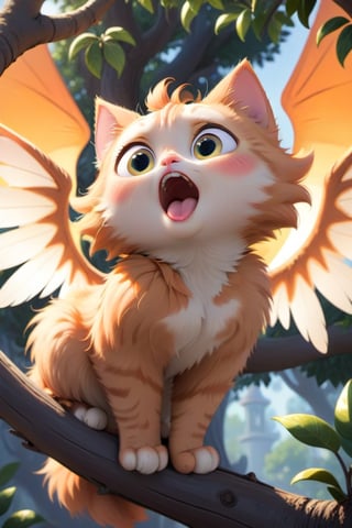 cat, in tree, cat with wings, cute eyes, open mouth, orange fur,disney pixar style,Xxmix_Catecat