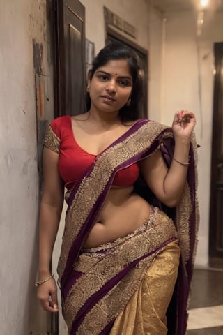 A masterpiece of sensuality: a stunning indian woman, 22 years old, exudes mature sex appeal. She poses in a red and black saree dress that showcases her curvy figure and perfect proportions, with small breasts and deep cleavage. Her attractive face is framed by luscious locks as she confidently displays her stretch marks and exposed navel. The photographer's lens captures every detail in crystal-clear 12K resolution, making her an Insta-model extraordinaire. In a photorealistic setting, she dons a saree that accentuates her curves, as the camera captures every nuance of her beautiful physique.,photorealistic, housewife,Praval