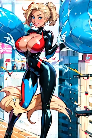 comic page, Full body, a beautiful girl, smile , natalee, blonde hair, blue eyes, flying , latex_suit ( Blue, red, white ),comicmay artsyle