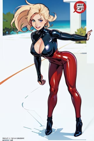 comic page, Full body, a beautiful girl, smile , natalee, blonde hair, blue eyes, flying , latex_suit