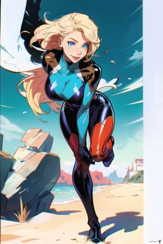 comic page, Full body, a beautiful girl, smile , natalee, blonde hair, blue eyes, flying , latex_suit ( Blue, red, white ),comicmay artsyle