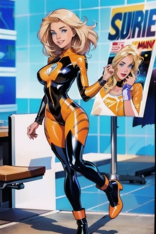 comic page, Full body, a beautiful girl, smile , natalee, blonde hair, blue eyes, flying , latex_suit,comicmay artsyle