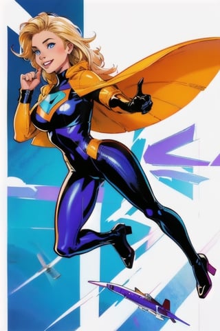 comic page, Full body, a beautiful girl, smile , natalee, blonde hair, blue eyes, flying , latex_suit,comicmay artsyle