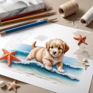 ((ultra realistic photo)), artistic sketch art, Make a pencil sketch of an adorable little FLUFFY PUPPY on a torn edge LETTER WITH LITTLE DRAWINGS AND  TEXTS, art, DETAILED textures, pure perfection, hIgh definition, detailed beach around THE PAPER, tiny delicate sea-shell, little delicate starfish, sea ,TROPICAL BAY, delicate coral, sand pile on the paper,little calligraphy texts, little drawings on the paper,, text: "puppy", text. ,BookScenic,art_booster