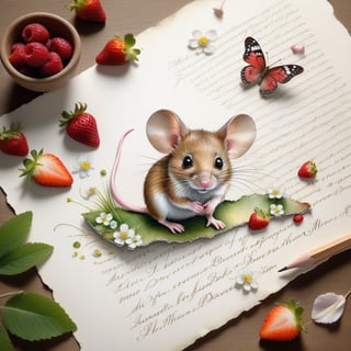 ((ultra realistic photo)), artistic sketch art, Make a little 2,5D WHITE LINE pencil sketch of a cute tiny MOUSE on an old TORN EDGE Letter , art, textures, pure perfection, high definition, LITTLE FRUITS, butterfly,strawberry,berry, DELICATE FLOWERS ,grass blades, flower petals  on the paper, little calligraphy text all over, little drawings, text: "mouse", text. 