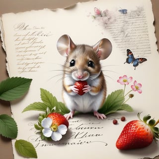 ((ultra realistic photo)), artistic sketch art, Make a little 2,5D WHITE LINE pencil sketch of a cute tiny MOUSE on an old TORN EDGE Letter , art, textures, pure perfection, high definition, LITTLE FRUITS, butterfly,strawberry,berry, DELICATE FLOWERS ,grass blades, flower petals  on the paper, little calligraphy text all over, little drawings, text: "mouse", text. 