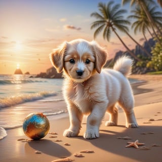 ((ultra realistic photo)), artistic sketch art, Make a DETAILED pencil sketch of a cute little FLUFFY PUPPY PLAYING WITH A BALL, (art, DETAILED textures, pure perfection, hIgh definition), detailed beach around , tiny delicate sea-shell, little delicate starfish, sea ,(very detailed TROPICAL hawaiian BAY BACKGROUND, SEA SHORE, PALM TREES, DETAILED LANDSCAPE, COLORFUL) (GOLDEN HOUR LIGHTING), delicate coral, sand piles