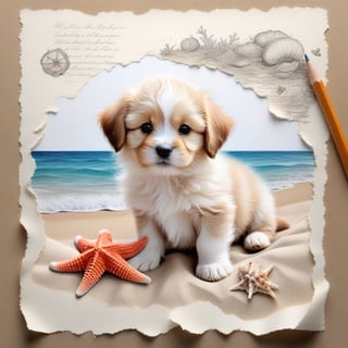 ((ultra realistic photo)), artistic sketch art, Make a pencil sketch of an adorable little FLUFFY PUPPY on an old torn edge paper, art, DETAILED textures, pure perfection, hIgh definition, detailed beach around THE PAPER, tiny delicate sea-shell, little delicate starfish, sea , delicate coral, sand pile on the paper,little calligraphy texts, delicate drawings,