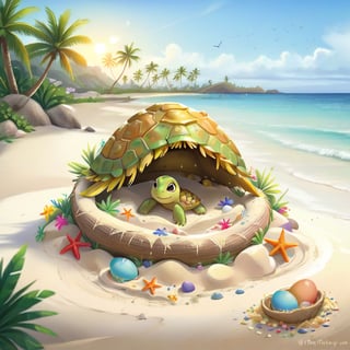 ((ultra artistic photo)), artistic sketch art, Make a DETAILED pencil sketch of a cute TINY tropical turle baby IN THE NEST ON THE SAND (art, DETAILED textures, pure perfection, hIgh definition), detailed beach , tiny delicate sea-shell, TINY COLORFUL EGG, little delicate starfish, sea ,(very detailed TROPICAL hawaiian BAY BACKGROUND VIEW, SEA SHORE, PALM TREES, DETAILED LANDSCAPE, COLORFUL) (GOLDEN HOUR LIGHTING), delicate coral, sand piles,disordered, LegendDarkFantasy,