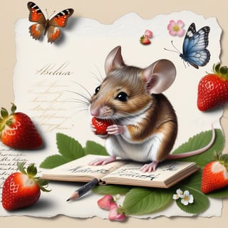 ((ultra realistic photo)), artistic sketch art, Make a little 2,5D WHITE LINE pencil sketch of a cute tiny MOUSE on an old TORN EDGE Letter , art, textures, pure perfection, high definition, LITTLE FRUITS, butterfly,strawberry,berry, DELICATE FLOWERS ,grass blades, flower petals  on the paper, little calligraphy text all over, little drawings, text: "mouse", text. ,BookScenic,ink,smoke