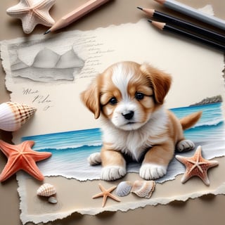 ((ultra realistic photo)), artistic sketch art, Make a pencil sketch of an adorable little FLUFFY PUPPY on an old torn edge paper, art, DETAILED textures, pure perfection, hIgh definition, detailed beach around THE PAPER, tiny delicate sea-shell, little delicate starfish, sea , delicate coral, sand pile on the paper,little calligraphy texts, delicate little drawings,