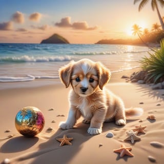 ((ultra realistic photo)), artistic sketch art, Make a DETAILED pencil sketch of a cute little FLUFFY PUPPY PLAYING WITH A BALL, (art, DETAILED textures, pure perfection, hIgh definition), detailed beach around , tiny delicate sea-shell, little delicate starfish, sea ,(very detailed TROPICAL hawaiian BAY BACKGROUND, SEA SHORE, PALM TREES, DETAILED LANDSCAPE, COLORFUL) (GOLDEN HOUR LIGHTING), delicate coral, sand piles