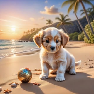 ((ultra realistic photo)), artistic sketch art, Make a DETAILED pencil sketch of a cute little FLUFFY PUPPY PLAYING WITH A BALL, (art, DETAILED textures, pure perfection, hIgh definition), detailed beach around , tiny delicate sea-shell, little delicate starfish, sea ,(very detailed TROPICAL hawaiian BAY BACKGROUND, SEA SHORE, PALM TREES, DETAILED LANDSCAPE, COLORFUL) (GOLDEN HOUR LIGHTING), delicate coral, sand piles