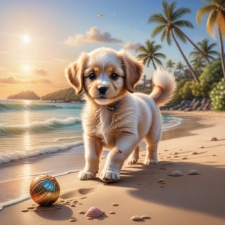 ((ultra realistic photo)), artistic sketch art, Make a DETAILED pencil sketch of a cute little FLUFFY PUPPY PLAYING WITH A BALL, (art, DETAILED textures, pure perfection, hIgh definition), detailed beach around , tiny delicate sea-shell, little delicate starfish, sea ,(very detailed TROPICAL hawaiian BAY BACKGROUND, SEA SHORE, PALM TREES, DETAILED LANDSCAPE, COLORFUL) (GOLDEN HOUR LIGHTING), delicate coral, sand piles