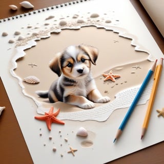 ((ultra realistic photo)), artistic sketch art, Make a pencil sketch of an adorable little FLUFFY PUPPY on a torn edge LETTER on the sand ( WITH LITTLE DRAWINGS AND  TEXTS, art, DETAILED textures, pure perfection, hIgh definition), detailed beach around THE PAPER, tiny delicate sea-shell, little delicate starfish, sea ,TROPICAL BAY, delicate coral, sand pile on the paper,little calligraphy texts, little drawings on the paper,, text: "puppy", text. ,BookScenic,art_booster