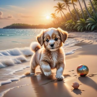 ((ultra realistic photo)), artistic sketch art, Make a DETAILED pencil sketch of a cute little FLUFFY PUPPY PLAYING WITH A BALL, (art, DETAILED textures, pure perfection, hIgh definition), detailed beach around , tiny delicate sea-shell, little delicate starfish, sea ,(very detailed TROPICAL hawaiian BAY BACKGROUND, SEA SHORE, PALM TREES, DETAILED LANDSCAPE, COLORFUL) (GOLDEN HOUR LIGHTING), delicate coral, sand piles