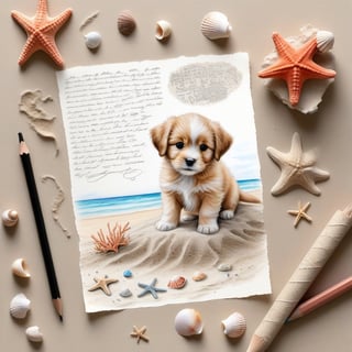 ((ultra realistic photo)), artistic sketch art, Make a pencil sketch of an adorable little FLUFFY PUPPY on a torn edge LETTER on the sand ( WITH LITTLE DRAWINGS AND  TEXTS, art, DETAILED textures, pure perfection, hIgh definition), detailed beach around THE PAPER, tiny delicate sea-shell, little delicate starfish, sea ,TROPICAL BAY, delicate coral, sand pile on the paper,little calligraphy texts, little drawings on the paper,, text: "puppy", text. ,BookScenic,art_booster