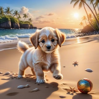 ((ultra realistic photo)), artistic sketch art, Make a DETAILED pencil sketch of a cute little FLUFFY PUPPY PLAYING WITH A BALL, (art, DETAILED textures, pure perfection, hIgh definition), detailed beach around , tiny delicate sea-shell, little delicate starfish, sea ,(very detailed TROPICAL hawaii BAY BACKGROUND, SEA SHORE, PALM TREES, DETAILED LANDSCAPE, COLORFUL) (GOLDEN HOUR LIGHTING), delicate coral, sand piles