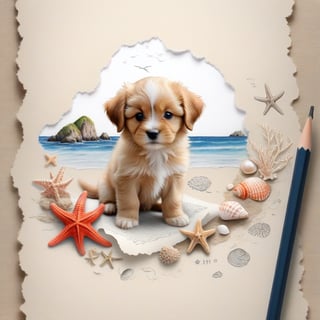 ((ultra realistic photo)), artistic sketch art, Make a pencil sketch of an adorable little FLUFFY PUPPY on an old torn edge paper, art, DETAILED textures, pure perfection, hIgh definition, detailed beach around THE PAPER, tiny delicate sea-shell, little delicate starfish, sea , delicate coral, sand pile on the paper,little calligraphy texts, delicate little drawings,