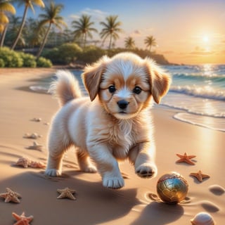 ((ultra realistic photo)), artistic sketch art, Make a DETAILED pencil sketch of a cute little FLUFFY PUPPY PLAYING WITH A BALL, (art, DETAILED textures, pure perfection, hIgh definition), detailed beach around , tiny delicate sea-shell, little delicate starfish, sea ,(very detailed TROPICAL hawaiian BAY BACKGROUND, SEA SHORE, PALM TREES, DETAILED LANDSCAPE, COLORFUL) (GOLDEN HOUR LIGHTING), delicate coral, sand piles