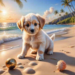 ((ultra realistic photo)), artistic sketch art, Make a DETAILED pencil sketch of a cute little FLUFFY PUPPY PLAYING WITH A BALL, (art, DETAILED textures, pure perfection, hIgh definition), detailed beach around , tiny delicate sea-shell, little delicate starfish, sea ,(very detailed TROPICAL hawaiian BAY BACKGROUND, SEA SHORE, PALM TREES, DETAILED LANDSCAPE, COLORFUL) (GOLDEN HOUR LIGHTING), delicate coral, sand piles