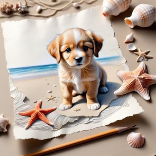 ((ultra realistic photo)), artistic sketch art, Make a pencil sketch of an adorable little FLUFFY PUPPY on an old torn edge paper, art, DETAILED textures, pure perfection, hIgh definition, detailed beach around THE PAPER, tiny delicate sea-shell, starfish, sea , delicate coral, sand pile on the paper,little calligraphy texts, tiny delicate drawings,