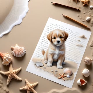 ((ultra realistic photo)), artistic sketch art, Make a pencil sketch of an adorable little FLUFFY PUPPY on a torn edge LETTER on the sand ( WITH LITTLE DRAWINGS AND  TEXTS, art, DETAILED textures, pure perfection, hIgh definition), detailed beach around THE PAPER, tiny delicate sea-shell, little delicate starfish, sea ,TROPICAL BAY, delicate coral, sand pile on the paper,little calligraphy texts, little drawings on the paper,, text: "puppy", text. ,BookScenic,art_booster