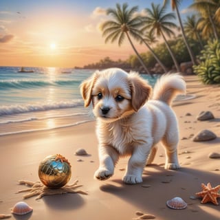 ((ultra realistic photo)), artistic sketch art, Make a DETAILED pencil sketch of a cute little FLUFFY PUPPY PLAYING WITH A BALL, (art, DETAILED textures, pure perfection, hIgh definition), detailed beach around , tiny delicate sea-shell, little delicate starfish, sea ,(very detailed TROPICAL hawaiian BAY BACKGROUND, SEA SHORE, PALM TREES, DETAILED LANDSCAPE, COLORFUL) (GOLDEN HOUR LIGHTING), delicate coral, sand piles