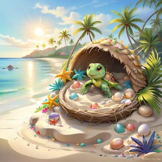 ((ultra artistic photo)), artistic sketch art, Make a DETAILED pencil sketch of a cute TINY tropical turle baby IN THE NEST ON THE SAND (art, DETAILED textures, pure perfection, hIgh definition), detailed beach , tiny delicate sea-shell, TINY COLORFUL EGG, little delicate starfish, sea ,(very detailed TROPICAL hawaiian BAY BACKGROUND VIEW, SEA SHORE, PALM TREES, DETAILED LANDSCAPE, COLORFUL) (GOLDEN HOUR LIGHTING), delicate coral, sand piles,disordered, LegendDarkFantasy,