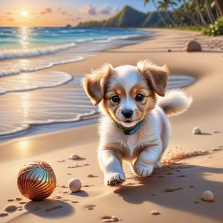 ((ultra realistic photo)), artistic sketch art, Make a DETAILED pencil sketch of a cute little FLUFFY PUPPY PLAYING WITH A BALL, (art, DETAILED textures, pure perfection, hIgh definition), detailed beach around , tiny delicate sea-shell, little delicate starfish, sea ,(very detailed TROPICAL hawaiian BAY BACKGROUND, SEA SHORE, PALM TREES, DETAILED LANDSCAPE, COLORFUL) (GOLDEN HOUR LIGHTING), delicate coral, sand piles