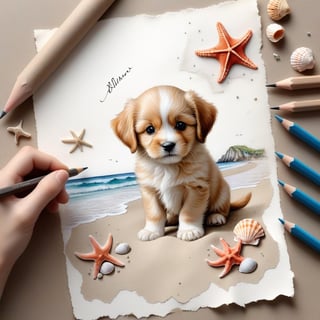 ((ultra realistic photo)), artistic sketch art, Make a pencil sketch of an adorable little FLUFFY PUPPY on an old torn edge paper, art, DETAILED textures, pure perfection, hIgh definition, detailed beach around THE PAPER, tiny delicate sea-shell, little delicate starfish, sea , delicate coral, sand pile on the paper,little calligraphy texts, delicate drawings,