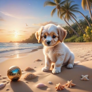 ((ultra realistic photo)), artistic sketch art, Make a DETAILED pencil sketch of a cute little FLUFFY PUPPY PLAYING WITH A BALL, (art, DETAILED textures, pure perfection, hIgh definition), detailed beach around , tiny delicate sea-shell, little delicate starfish, sea ,(very detailed TROPICAL hawaiian BAY BACKGROUND, SEA SHORE, PALM TREES, DETAILED LANDSCAPE, COLORFUL) (GOLDEN HOUR LIGHTING), delicate coral, sand piles