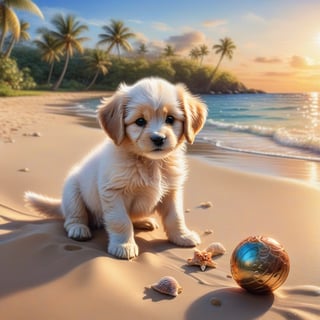 ((ultra realistic photo)), artistic sketch art, Make a DETAILED pencil sketch of a cute little FLUFFY PUPPY PLAYING WITH A BALL, (art, DETAILED textures, pure perfection, hIgh definition), detailed beach around , tiny delicate sea-shell, little delicate starfish, sea ,(very detailed TROPICAL hawaiian BAY BACKGROUND, SEA SHORE, PALM TREES, DETAILED LANDSCAPE, COLORFUL) (GOLDEN HOUR LIGHTING), delicate coral, sand piles