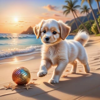 ((ultra realistic photo)), artistic sketch art, Make a DETAILED pencil sketch of a cute little FLUFFY PUPPY PLAYING WITH A BALL, (art, DETAILED textures, pure perfection, hIgh definition), detailed beach around , tiny delicate sea-shell, little delicate starfish, sea ,(very detailed TROPICAL hawaiian BAY BACKGROUND, SEA SHORE, PALM TREES, DETAILED LANDSCAPE, COLORFUL) (GOLDEN HOUR LIGHTING), delicate coral, sand piles