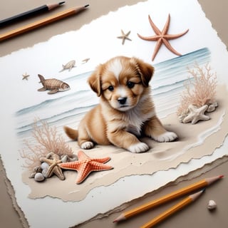 ((ultra realistic photo)), artistic sketch art, Make a pencil sketch of an adorable little FLUFFY PUPPY on an old torn edge paper, art, DETAILED textures, pure perfection, hIgh definition, detailed beach around THE PAPER, tiny delicate sea-shell, starfish, sea , delicate coral, sand pile on the paper,calligraphy text, tiny delicate drawings,BookScenic,ink,smoke,ink smoke,ink smoke background,art_booster