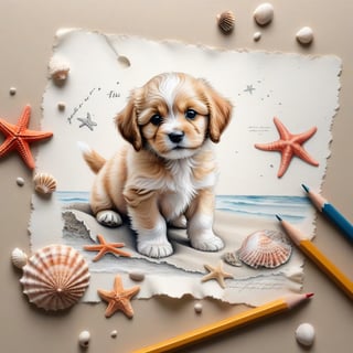 ((ultra realistic photo)), artistic sketch art, Make a pencil sketch of an adorable little FLUFFY PUPPY on an old torn edge paper, art, DETAILED textures, pure perfection, hIgh definition, detailed beach around THE PAPER, tiny delicate sea-shell, little delicate starfish, sea , delicate coral, sand pile on the paper,little calligraphy texts, delicate little drawings,