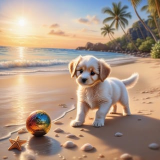 ((ultra realistic photo)), artistic sketch art, Make a DETAILED pencil sketch of a cute little FLUFFY PUPPY PLAYING WITH A BALL, (art, DETAILED textures, pure perfection, hIgh definition), detailed beach around , tiny delicate sea-shell, little delicate starfish, sea ,(very detailed TROPICAL hawaiian BAY BACKGROUND, SEA SHORE, PALM TREES, DETAILED LANDSCAPE, COLORFUL) (GOLDEN HOUR LIGHTING), delicate coral, sand piles