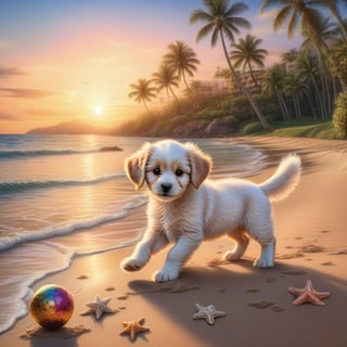 ((ultra realistic photo)), artistic sketch art, Make a DETAILED pencil sketch of a cute little FLUFFY PUPPY PLAYING WITH A BALL, (art, DETAILED textures, pure perfection, hIgh definition), detailed beach around , tiny delicate sea-shell, little delicate starfish, sea ,(very detailed TROPICAL hawaiian BAY BACKGROUND, SEA SHORE, PALM TREES, DETAILED LANDSCAPE, COLORFUL) (GOLDEN HOUR LIGHTING), delicate coral, sand piles