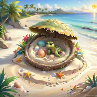 ((ultra artistic photo)), artistic sketch art, Make a DETAILED pencil sketch of a cute TINY tropical turle baby IN THE NEST ON THE SAND (art, DETAILED textures, pure perfection, hIgh definition), detailed beach , tiny delicate sea-shell, TINY COLORFUL EGG, little delicate starfish, sea ,(very detailed TROPICAL hawaiian BAY BACKGROUND VIEW, SEA SHORE, PALM TREES, DETAILED LANDSCAPE, COLORFUL) (GOLDEN HOUR LIGHTING), delicate coral, sand piles,disordered, LegendDarkFantasy,