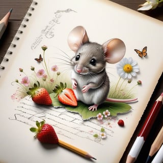 ((ultra realistic photo)), artistic sketch art, Make a little 2,5D WHITE LINE pencil sketch of a cute tiny MOUSE on an old TORN EDGE Letter , art, textures, pure perfection, high definition, LITTLE FRUITS, butterfly,strawberry,berry, DELICATE FLOWERS ,grass blades, flower petals  on the paper, little calligraphy text, little drawings, text: "mouse", text. children's picture books, ,BookScenic,ink,smoke,ink smoke,Dark Majic